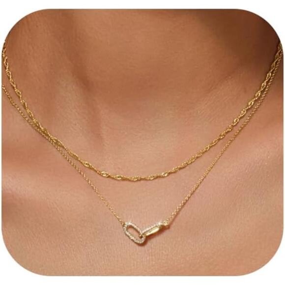 14K Gold Paperclip Pendant Necklace | Dainty Layered - Picture 1 of 5